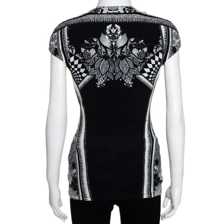 Pre Owned Roberto Cavalli Monochrome Abstract Paisley Printed Jersey Top M