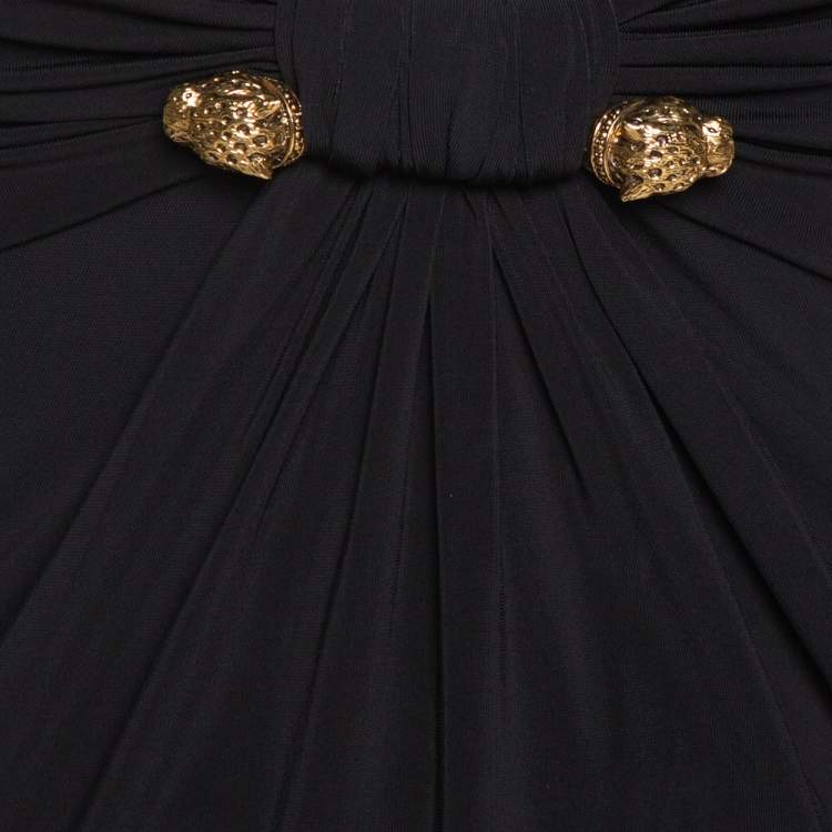مملوكة مسبقًا Roberto Cavalli Black Jersey Gathered Brooch Detail Top S