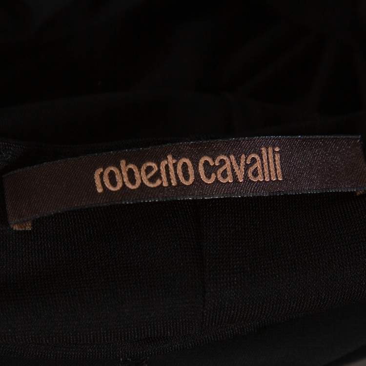 مملوكة مسبقًا Roberto Cavalli Black Jersey Gathered Brooch Detail Top S