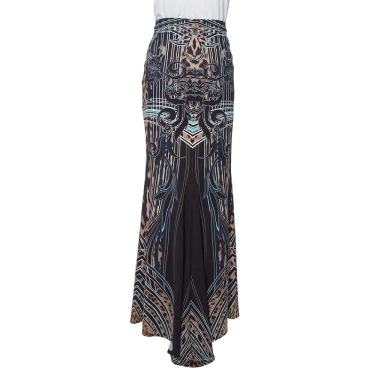 Pre Owned Roberto Cavalli Black Printed Jersey Fit & Flare Maxi Skirt L