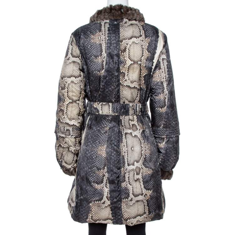 Pre Owned Roberto Cavalli Grey Snake Print Mink Fur Trim Down Coat L
