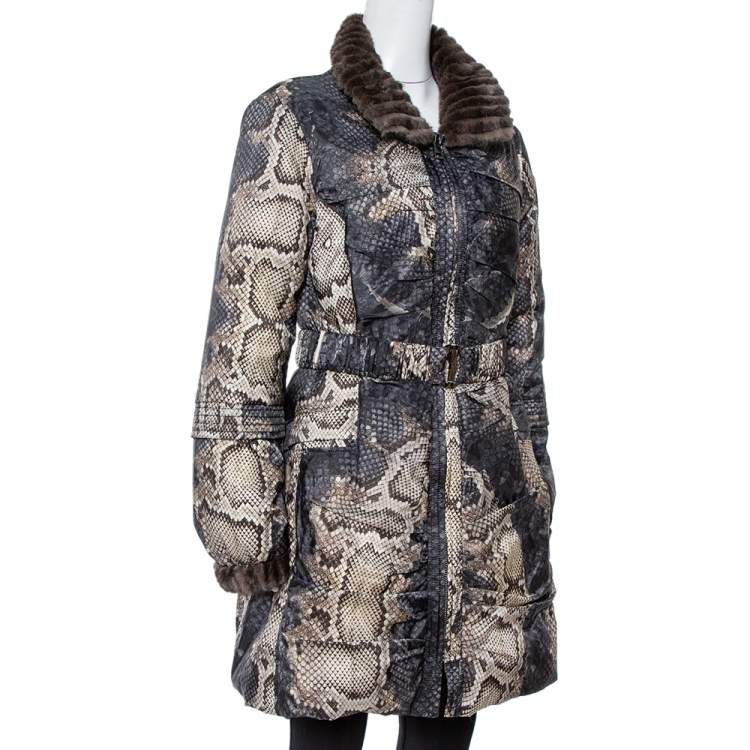 Pre Owned Roberto Cavalli Grey Snake Print Mink Fur Trim Down Coat L