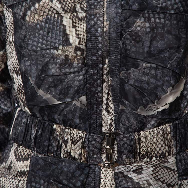 Pre Owned Roberto Cavalli Grey Snake Print Mink Fur Trim Down Coat L