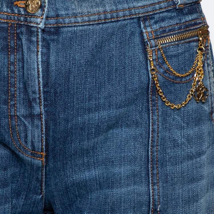 Pre Owned Roberto Cavalli Indigo Distressed Denim Chain Detail Flared Jeans M