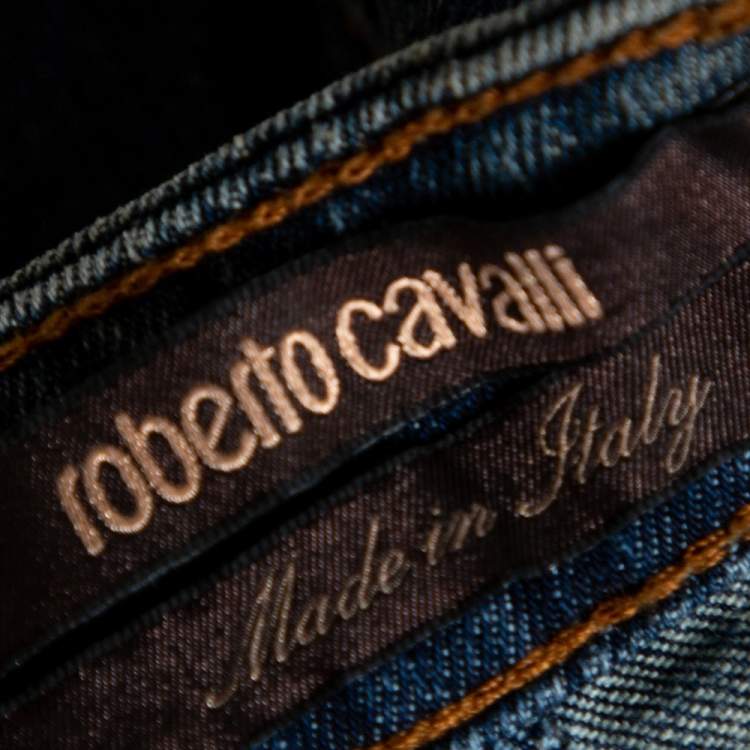 Pre Owned Roberto Cavalli Indigo Distressed Denim Chain Detail Flared Jeans M