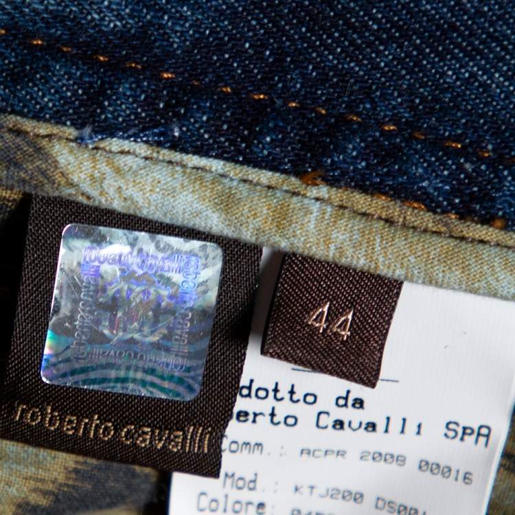 Pre Owned Roberto Cavalli Indigo Distressed Denim Chain Detail Flared Jeans M