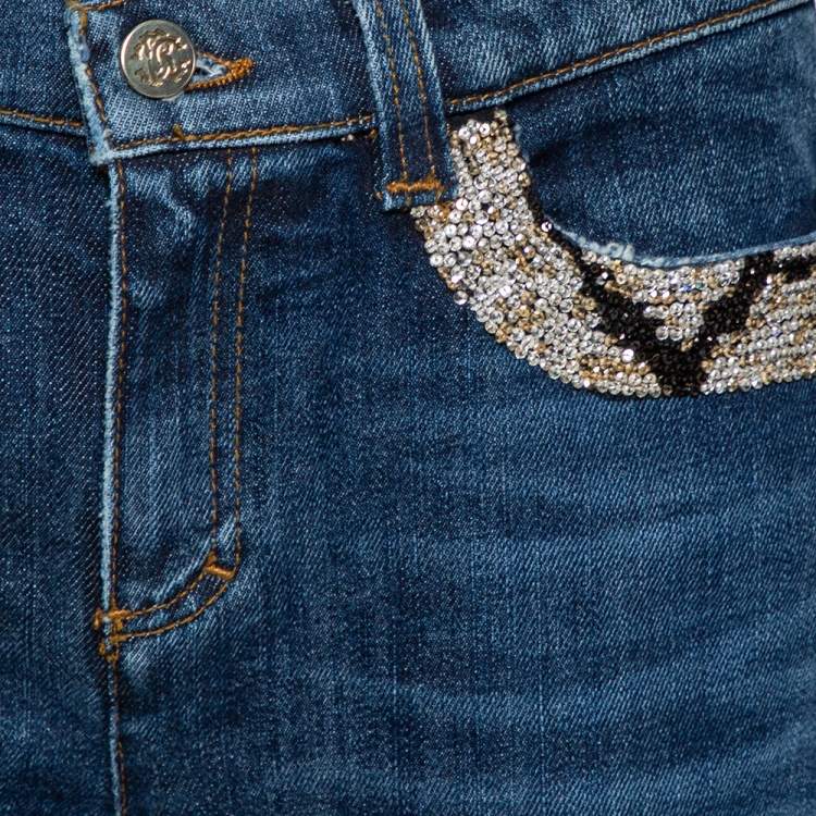 Pre Owned Roberto Cavalli Indigo Denim Sequined Straight Fit Jeans L