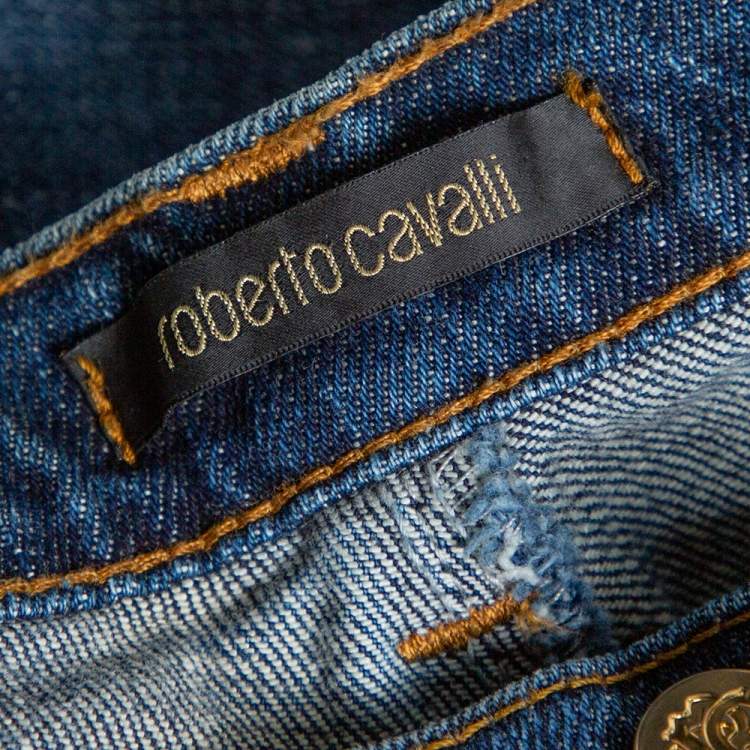 Pre Owned Roberto Cavalli Indigo Denim Sequined Straight Fit Jeans L