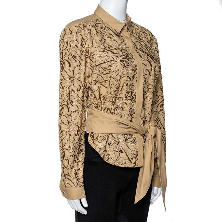 Pre Owned Roberto Cavalli Beige Embroidered Cotton Tie Front Blouse M