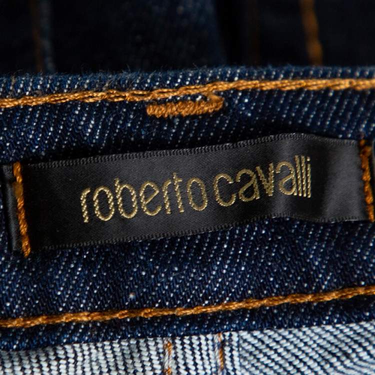 Pre Owned Roberto Cavalli Indigo Dark Wash Denim Studded Straight Fit Jeans L