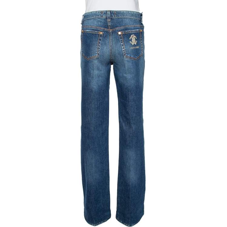 Pre Owned Roberto Cavalli Indigo Dark Wash Denim Studded Straight Fit Jeans L