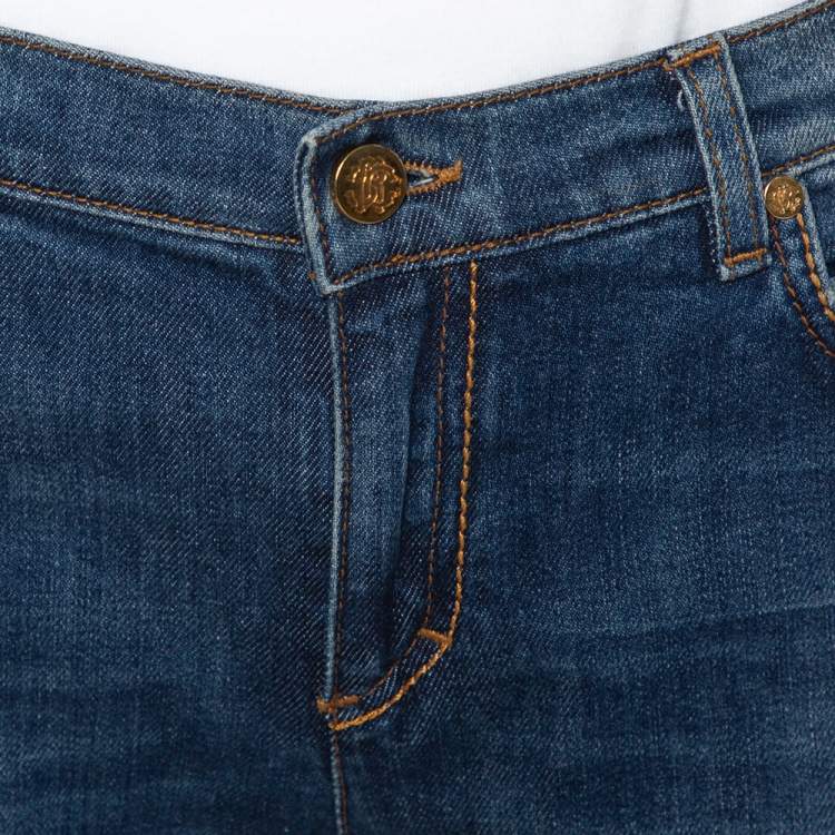 Pre Owned Roberto Cavalli Blue Denim Flock Pocket Straight Leg Jeans L