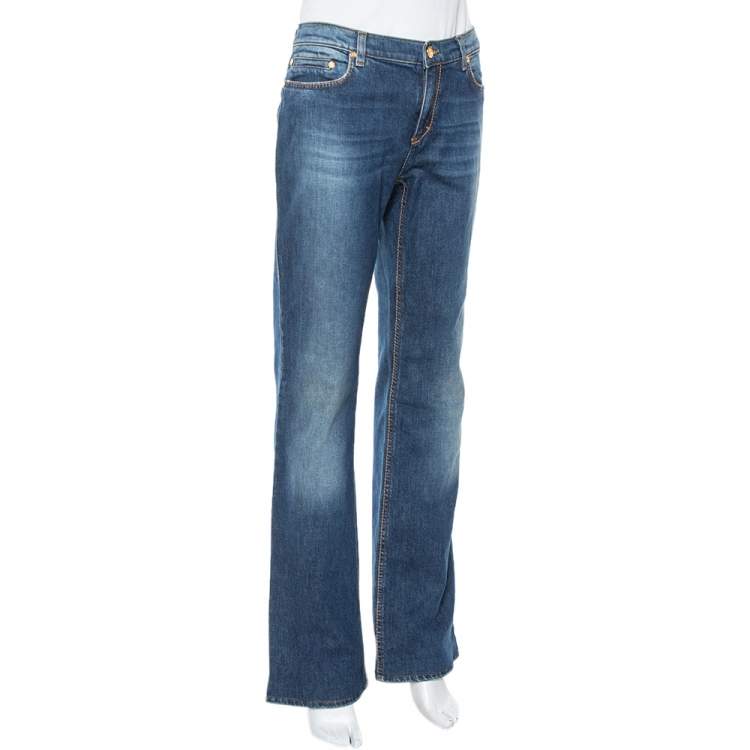 Pre Owned Roberto Cavalli Blue Denim Flock Pocket Straight Leg Jeans L