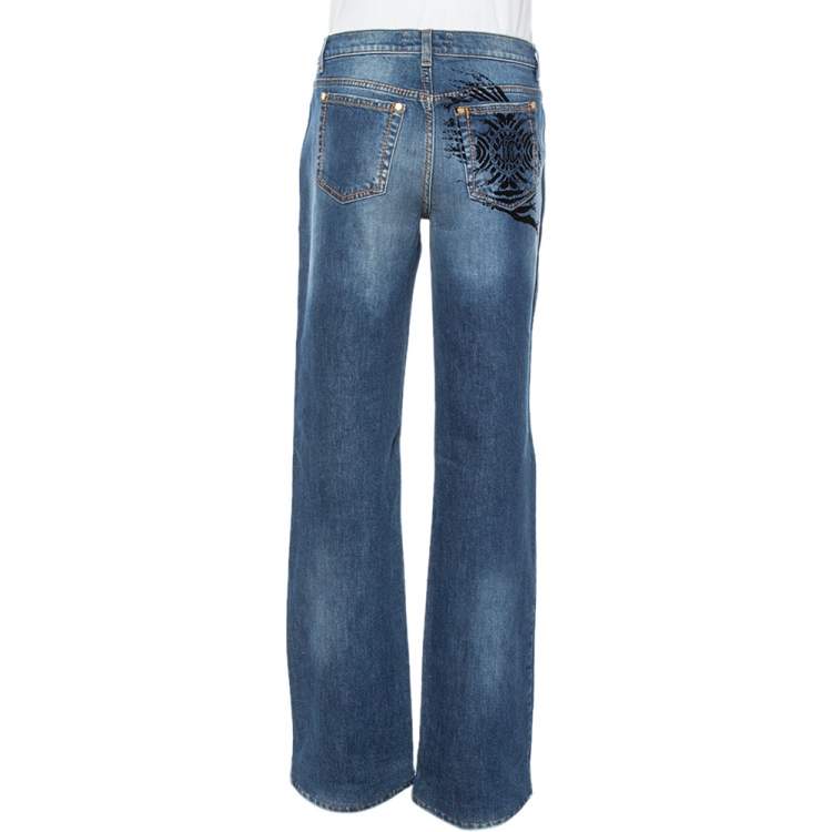 Pre Owned Roberto Cavalli Blue Denim Flock Pocket Straight Leg Jeans L
