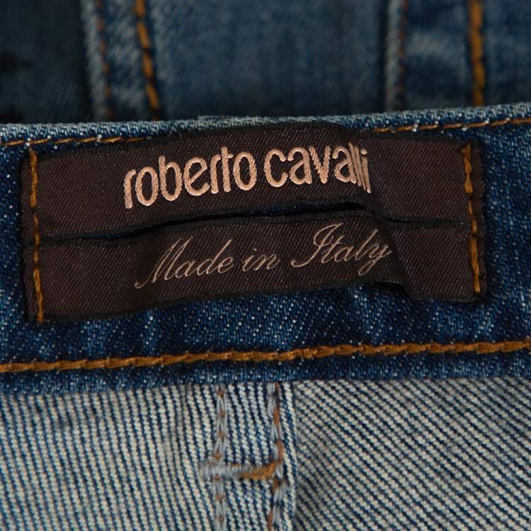Pre Owned Roberto Cavalli Blue Denim Flock Pocket Straight Leg Jeans L
