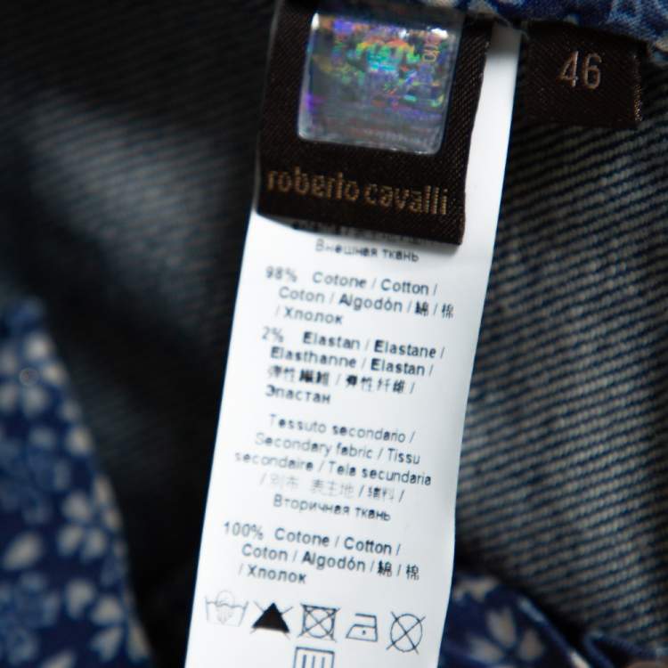 Pre Owned Roberto Cavalli Blue Denim Flock Pocket Straight Leg Jeans L