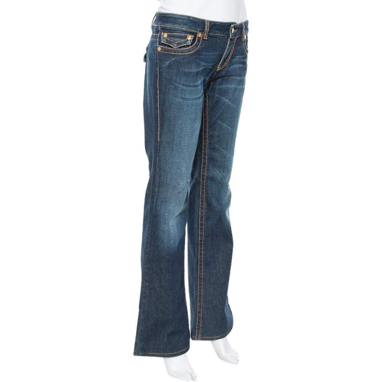Pre Owned Roberto Cavalli Dark Blue Denim Logo Detail Bootcut Jeans L
