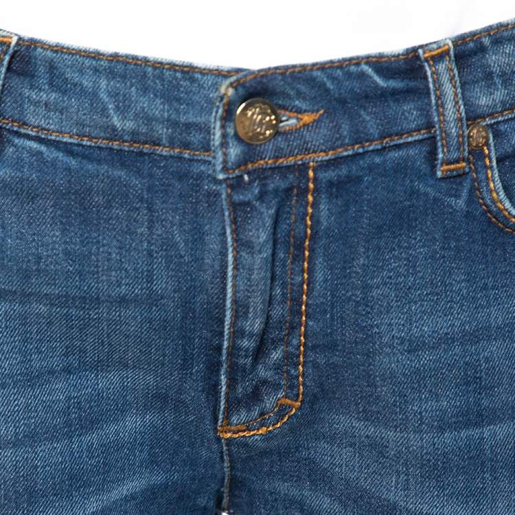 Pre Owned Roberto Cavalli Blue Distressed Denim Logo Embellished Jeans L
