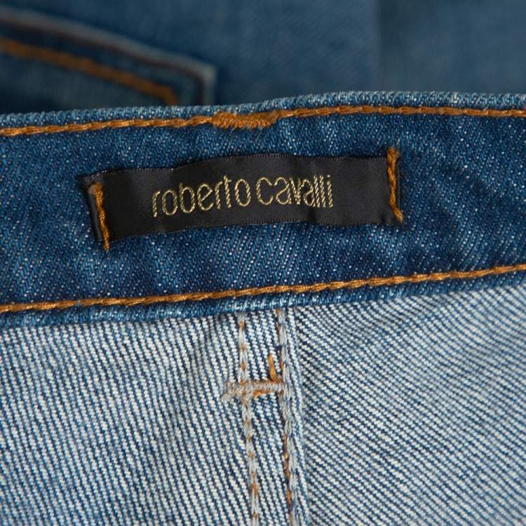 Pre Owned Roberto Cavalli Blue Distressed Denim Logo Embellished Jeans L