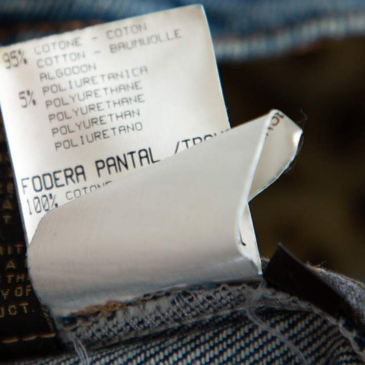 Pre Owned Roberto Cavalli Blue Distressed Denim Logo Embellished Jeans L