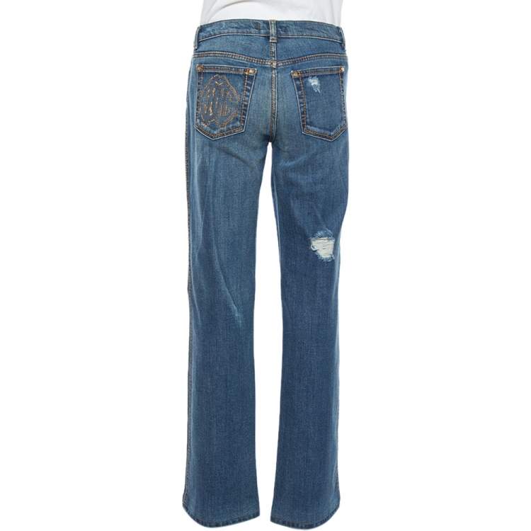 Pre Owned Roberto Cavalli Blue Distressed Denim Logo Embellished Jeans L