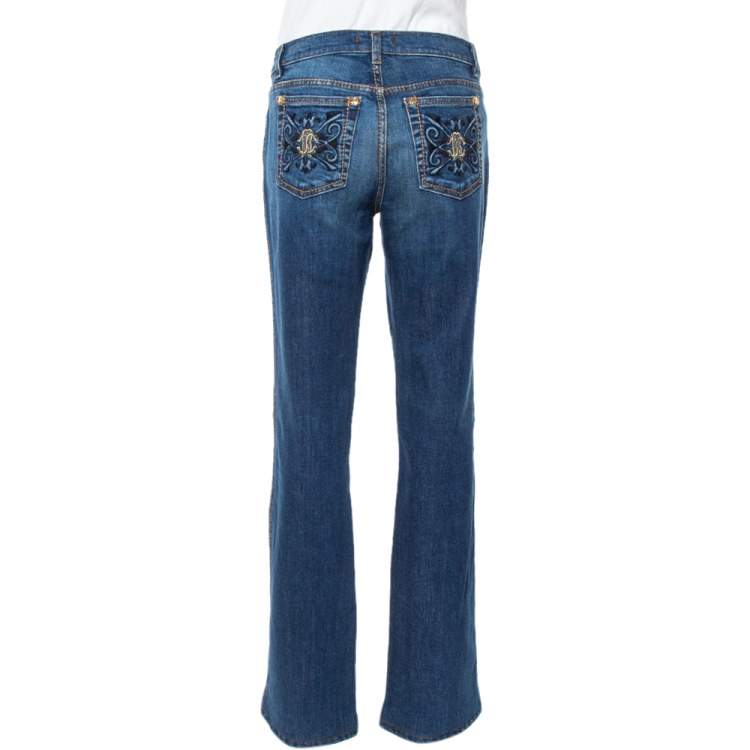 Pre Owned Roberto Cavalli Blue Denim Embroidered Pocket Straight Leg Jeans L