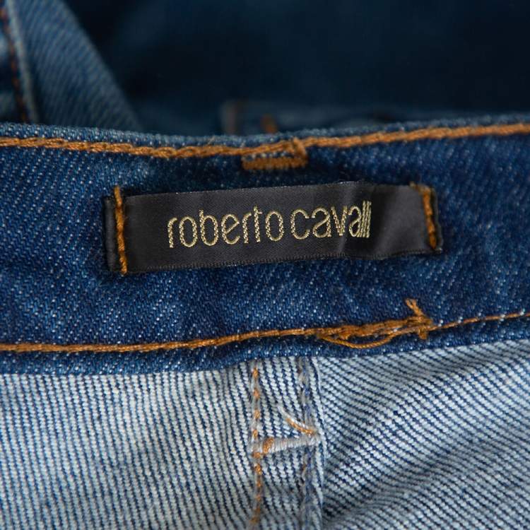 Pre Owned Roberto Cavalli Blue Denim Embroidered Pocket Straight Leg Jeans L