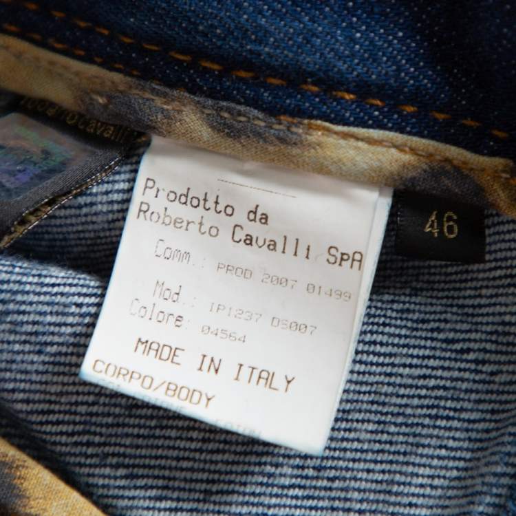 Pre Owned Roberto Cavalli Blue Denim Embroidered Pocket Straight Leg Jeans L