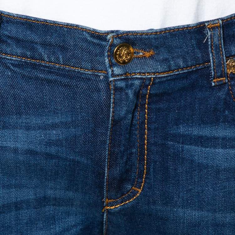 Pre Owned Roberto Cavalli Blue Denim Embroidered Pocket Straight Leg Jeans L