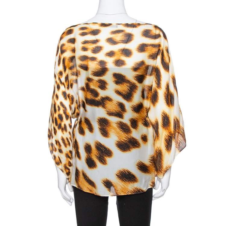 Pre Owned Roberto Cavalli Cream Animal Print Silk Sheer Kaftan Blouse L