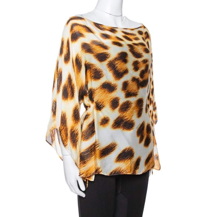 Pre Owned Roberto Cavalli Cream Animal Print Silk Sheer Kaftan Blouse L