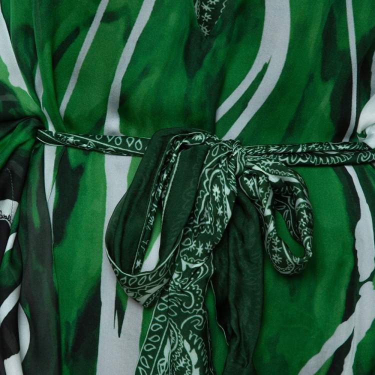 Pre Owned Roberto Cavalli Green Paisley Print Silk Belted Kaftan Top M