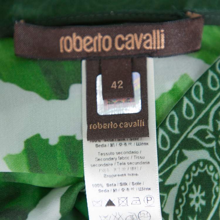 Pre Owned Roberto Cavalli Green Paisley Print Silk Belted Kaftan Top M