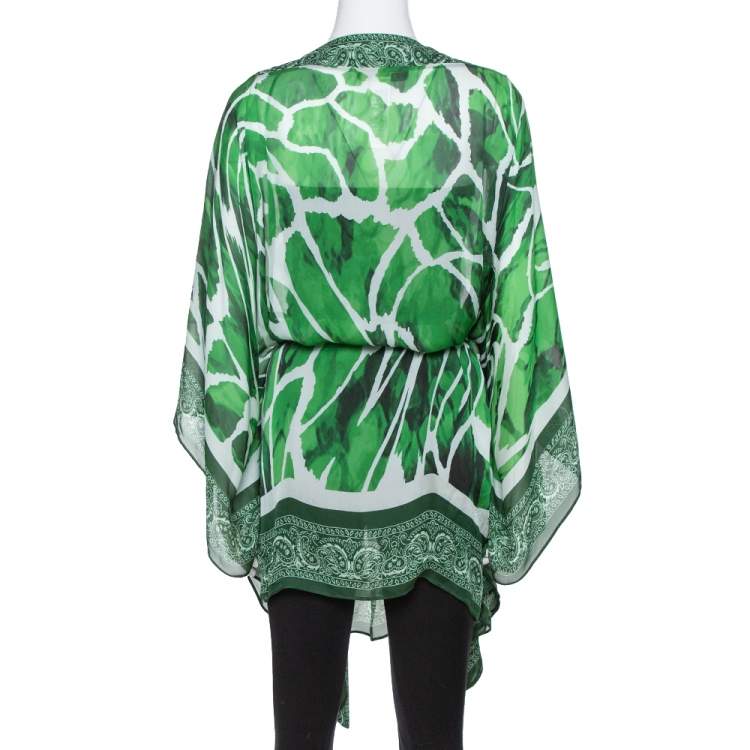 Pre Owned Roberto Cavalli Green Paisley Print Silk Belted Kaftan Top M