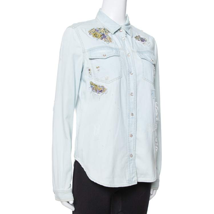 Pre Owned Roberto Cavalli Light Blue Distressed Denim Patch Detail Shirt S