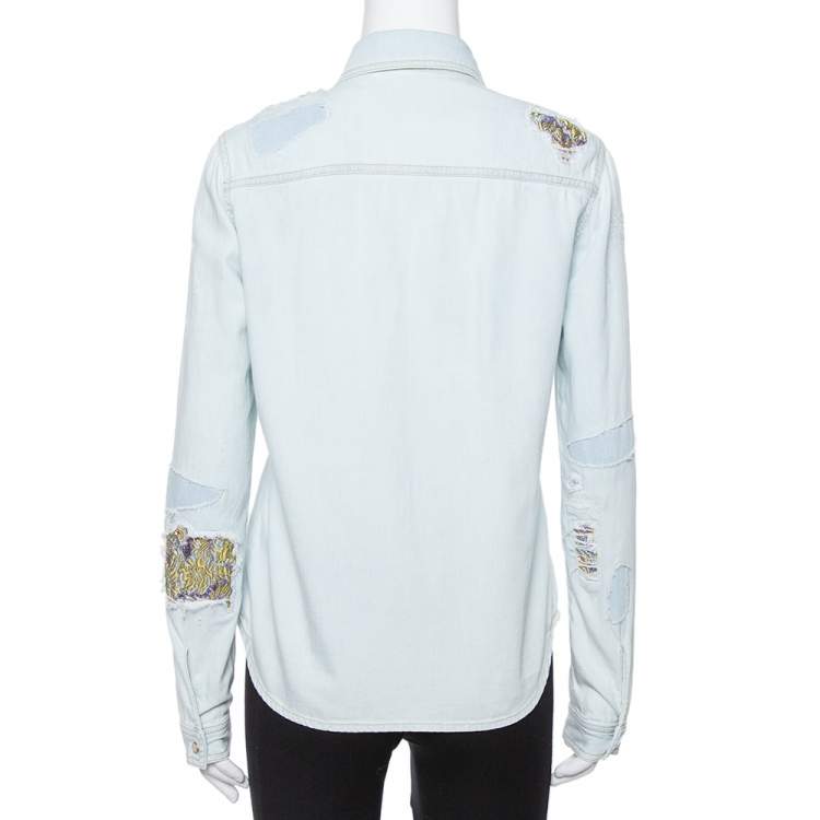 Pre Owned Roberto Cavalli Light Blue Distressed Denim Patch Detail Shirt S
