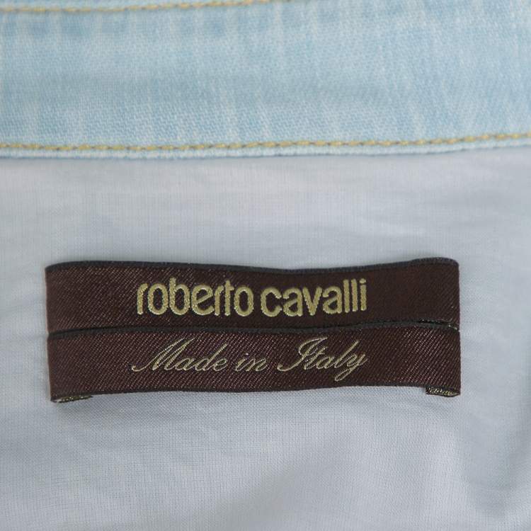 Pre Owned Roberto Cavalli Light Blue Distressed Denim Patch Detail Shirt S