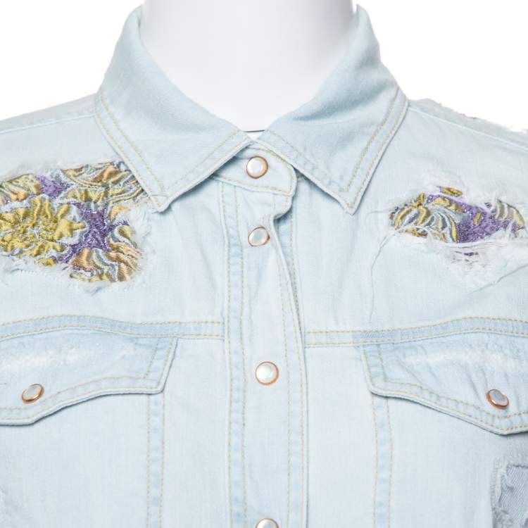 Pre Owned Roberto Cavalli Light Blue Distressed Denim Patch Detail Shirt S