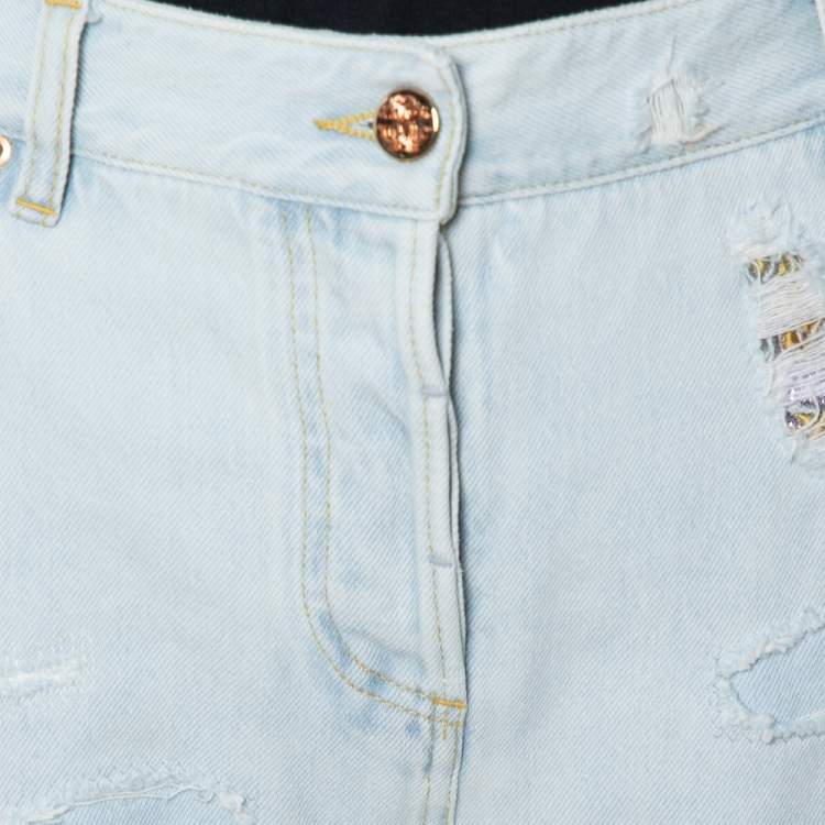 Pre Owned Roberto Cavalli Light Blue Distressed Denim Patch Detail Jeans L