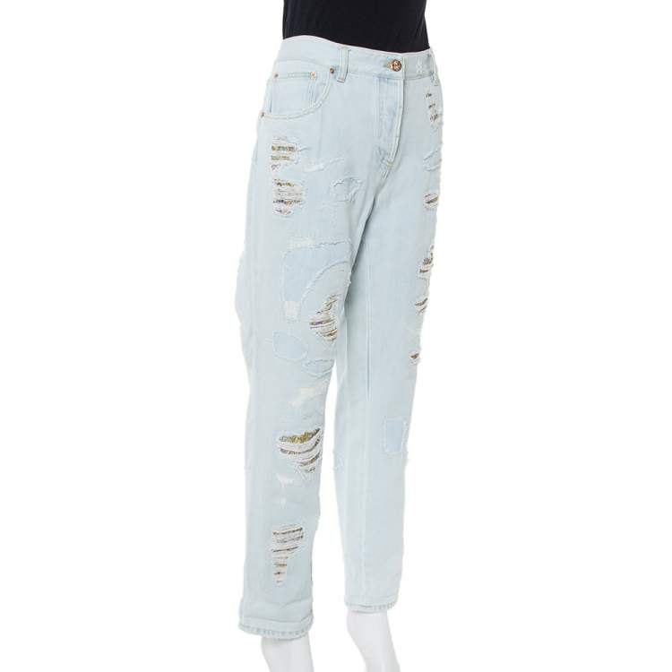 Pre Owned Roberto Cavalli Light Blue Distressed Denim Patch Detail Jeans L