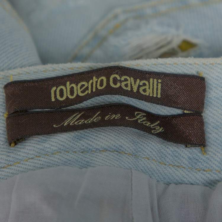 Pre Owned Roberto Cavalli Light Blue Distressed Denim Patch Detail Jeans L