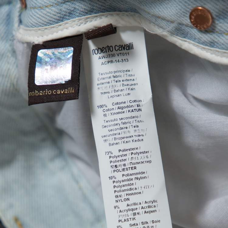 Pre Owned Roberto Cavalli Light Blue Distressed Denim Patch Detail Jeans L