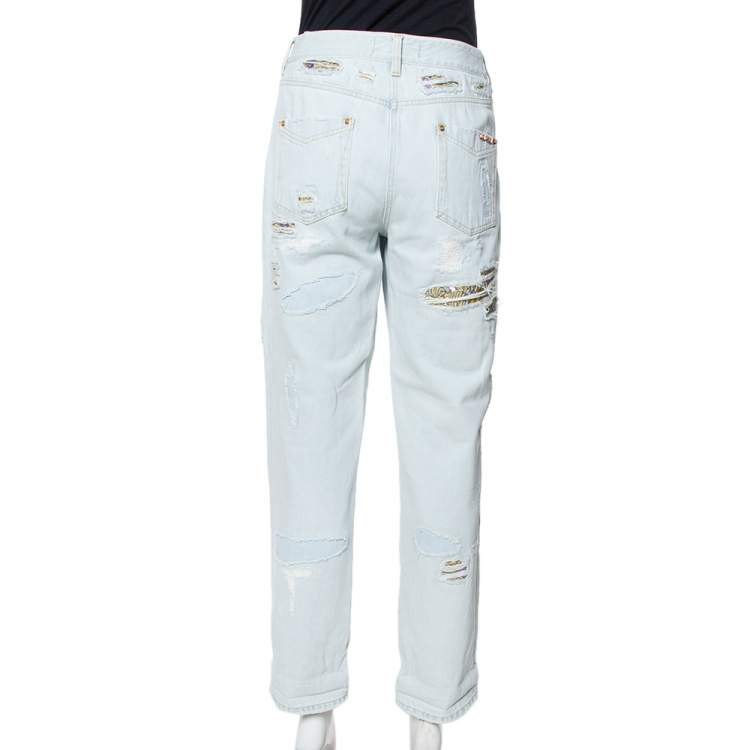 Pre Owned Roberto Cavalli Light Blue Distressed Denim Patch Detail Jeans L