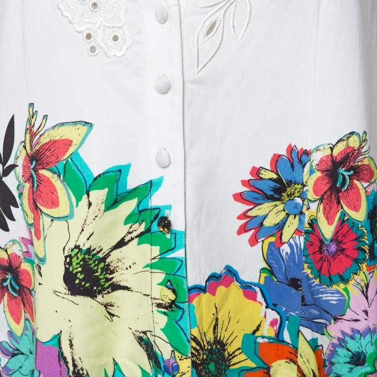 مملوكة مسبقًا Roberto Cavalli White Floral Print Cotton Embroidered Flared Dress S