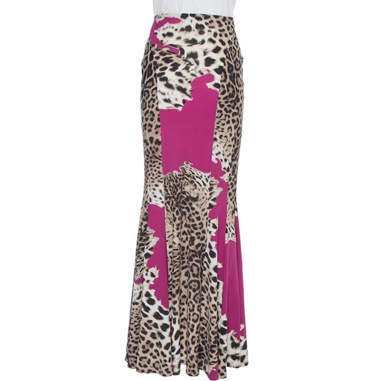 Pre Owned Roberto Cavalli  Magenta Animal Print Jersey Maxi Skirt L