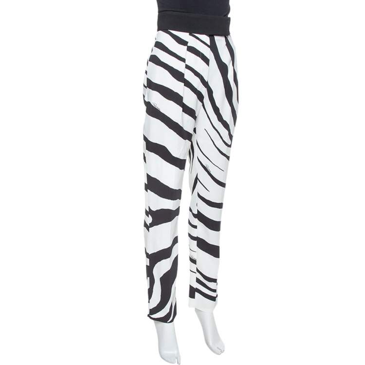 Pre Owned Roberto Cavalli White/Black Zebra Print High Wide Leg Trouser M