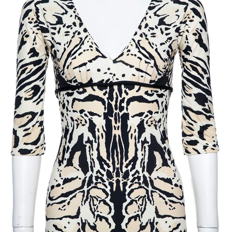 Pre Owned Roberto Cavalli Tri Color Nylon Jersey V-Neck Dress M
