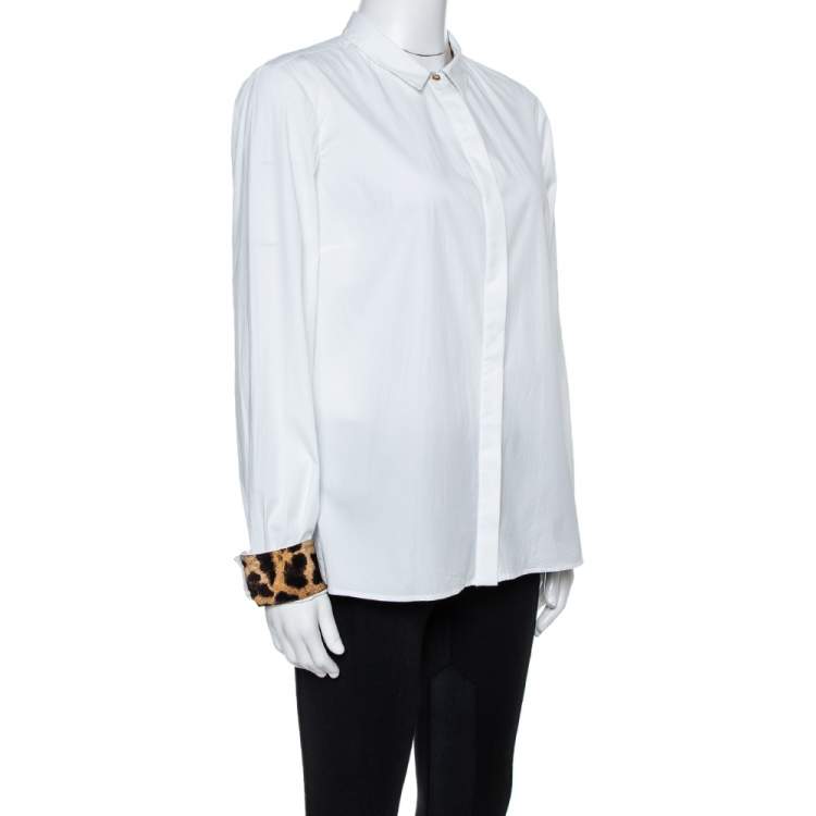 Pre Owned Roberto Cavalli White Cotton Animal Print Detail Lining Long Sleeve Shirt L