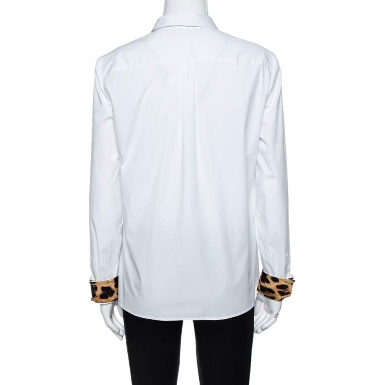 Pre Owned Roberto Cavalli White Cotton Animal Print Detail Lining Long Sleeve Shirt L