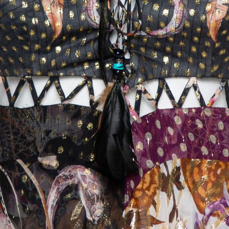 Pre Owned Roberto Cavalli Multicolor Printed Patch Ruffle Tier Maxi Dress M